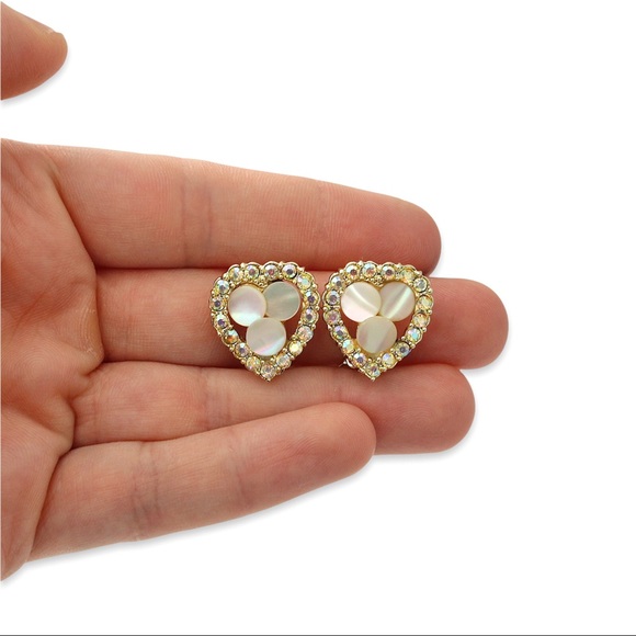 Vintage Mother of Pearl & Aurora Borealis Rhinestone Heart Clip On Earrings - Picture 3 of 3